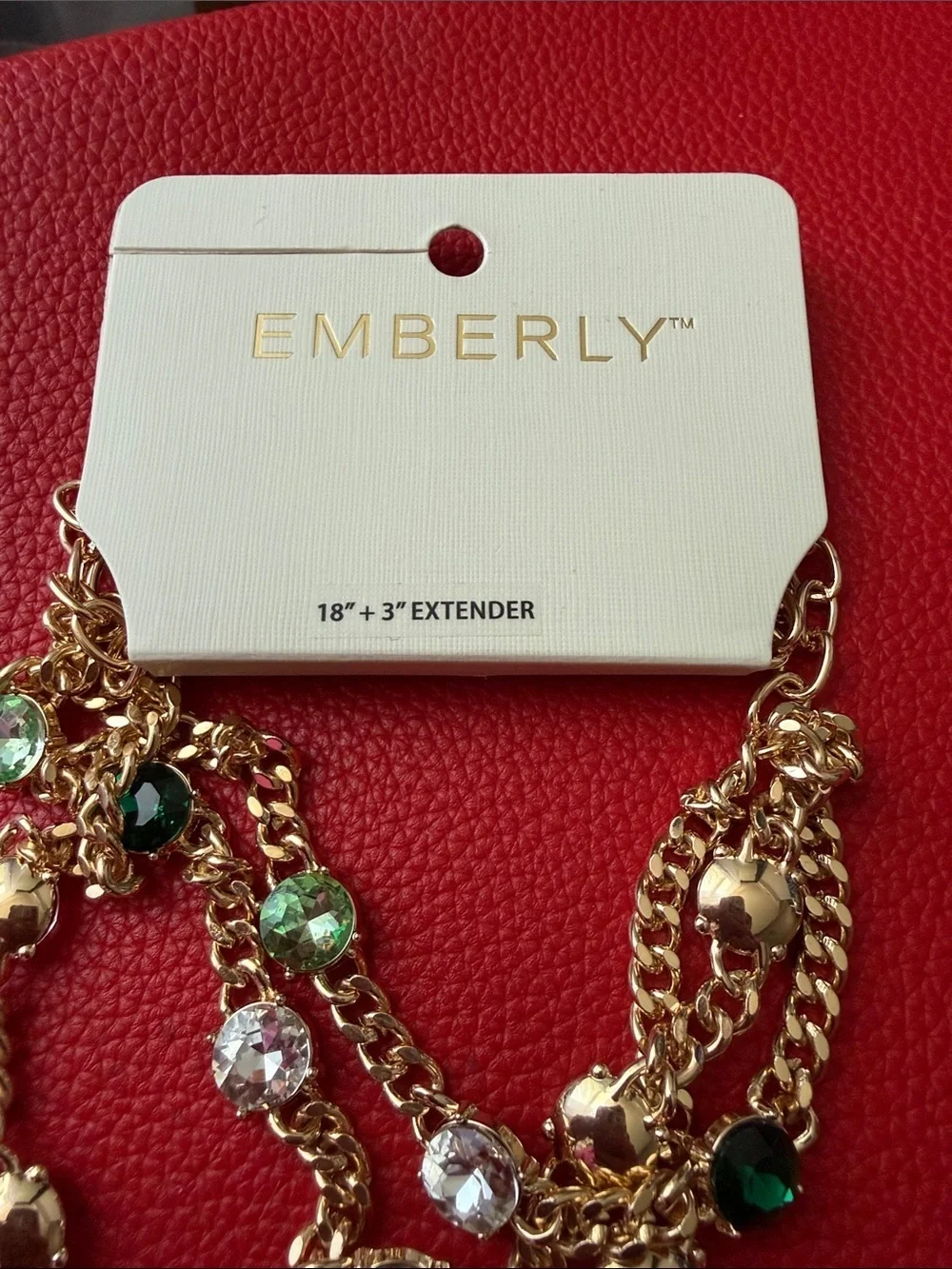 Gold Multi-Strand Necklace with Green and Clear Crystal Accents
